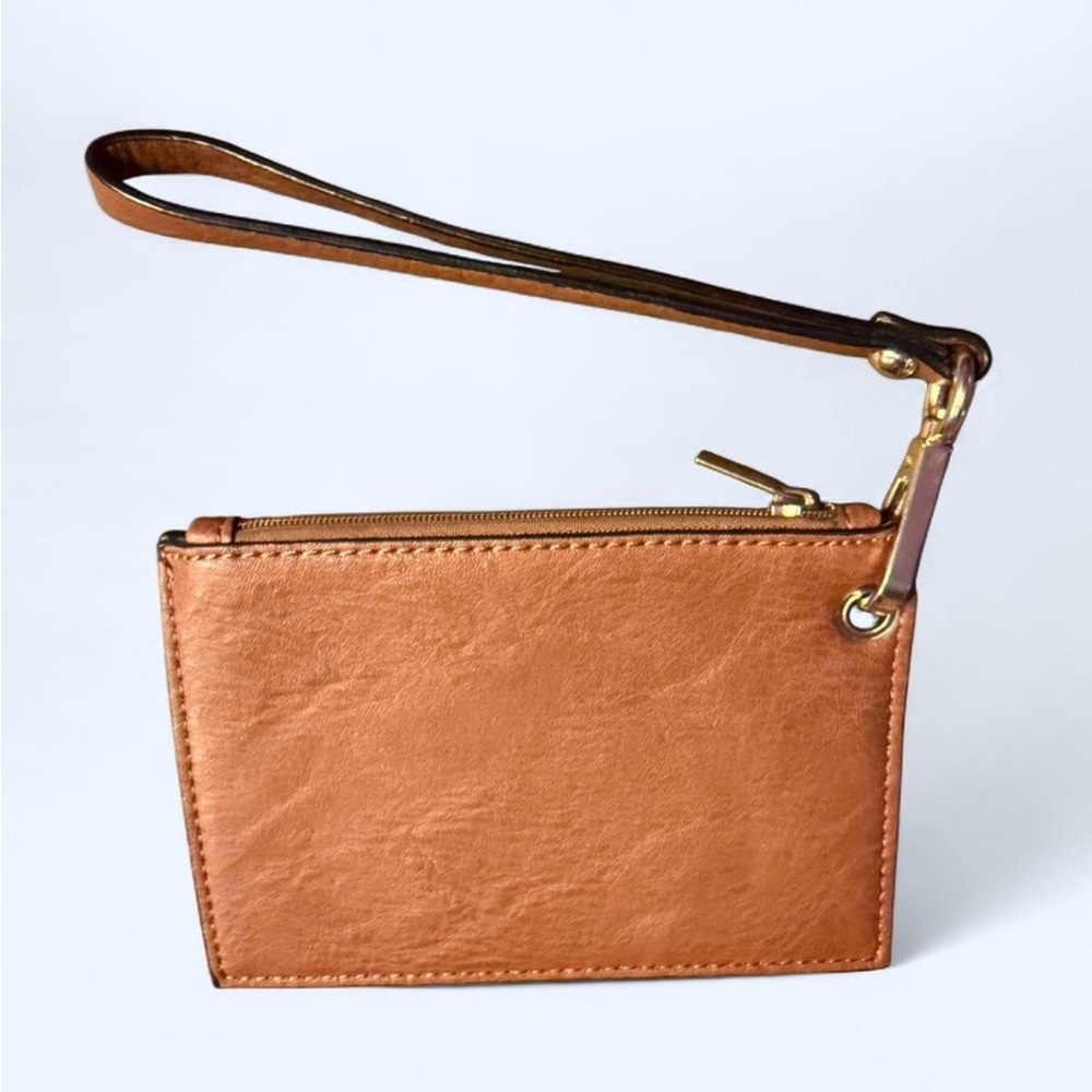 Mini faux leather wristlet with satin cheetah print lining